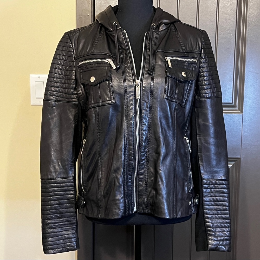 MICHAEL KORS Genuine Leather Hooded Moto Jacket, Size Large